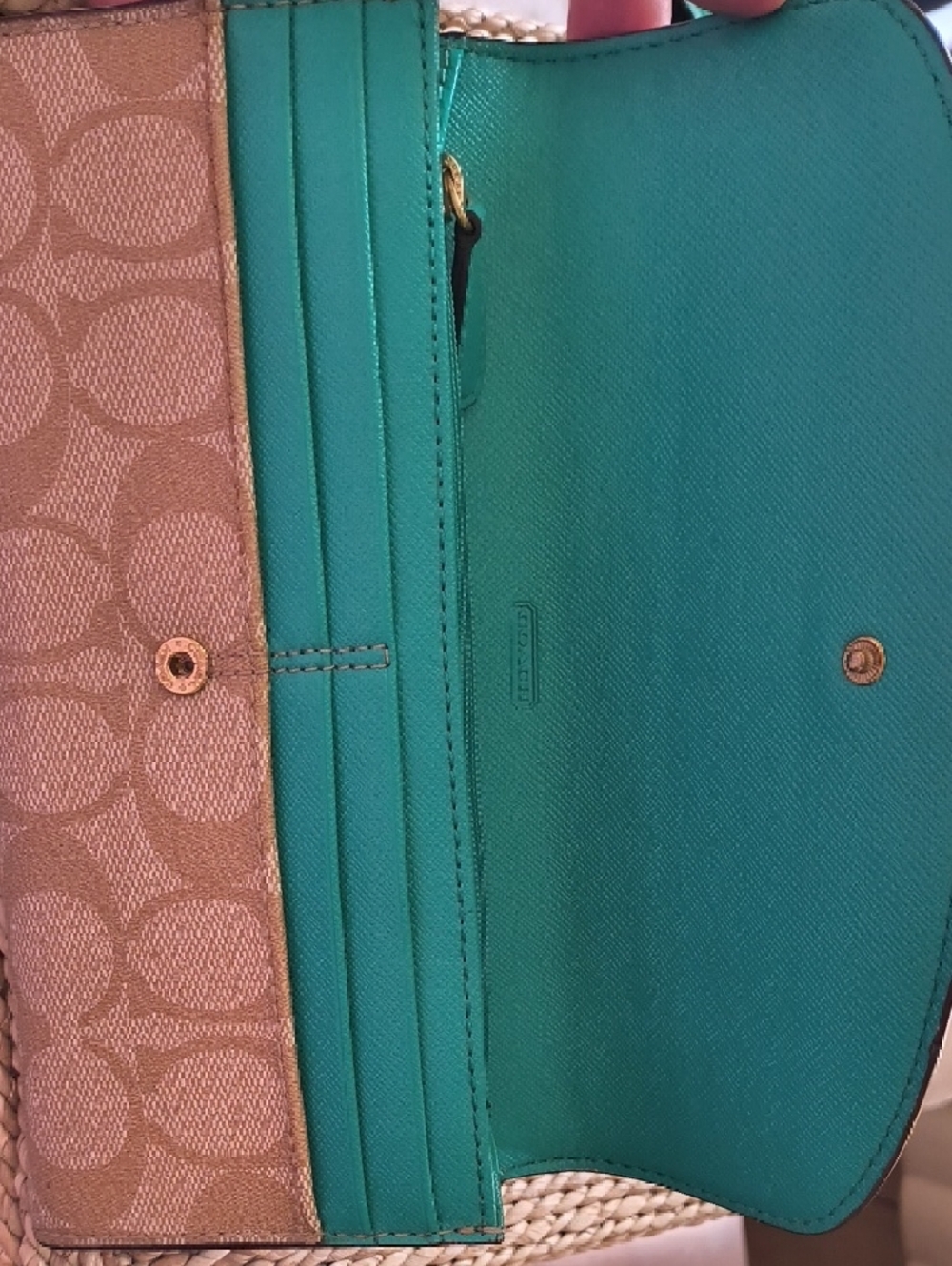 Coach Khaki Signature Canvas Continental Wallet with Green Accent - Picture 4 of 7